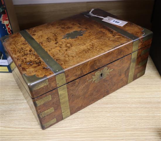 A Victorian brass-bound burr walnut writing slope fitted two ink bottles, W 35cm